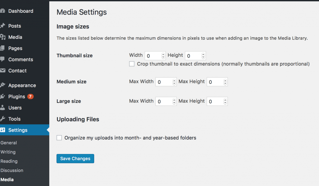 Website image sizes and screenshot of media library settings for image sizes